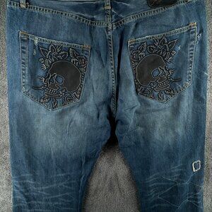 Ed Hardy Men Denim Blue Jeans Size 38x34 Cotton Embroidered Skull Print Adult